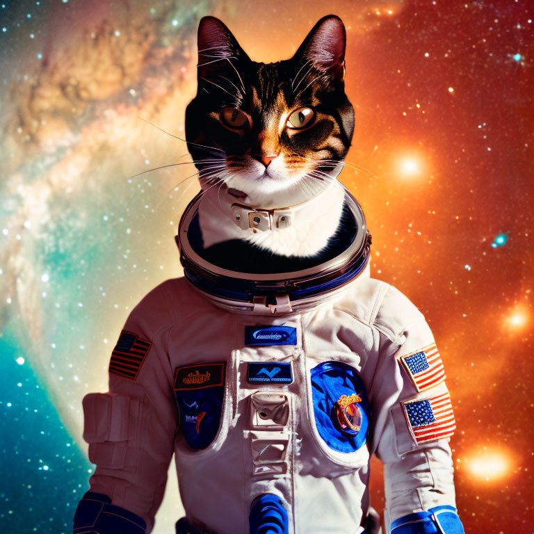 Cat's head on astronaut's body in cosmic scene.