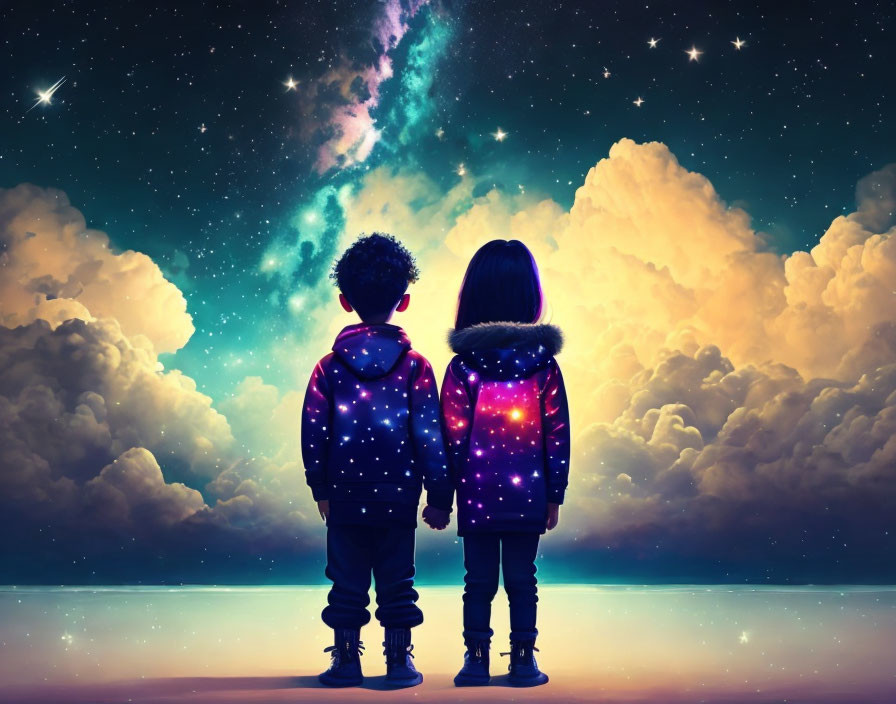 Children admiring vibrant galaxy in starry sky above clouds
