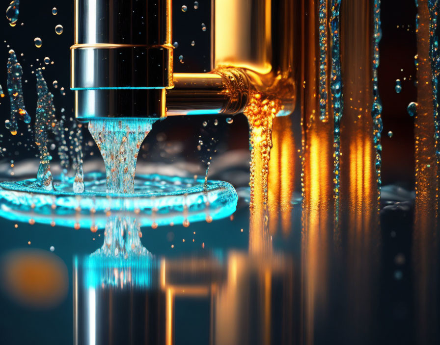 Luxurious Golden Faucet with Flowing Water and Sparkling Droplets
