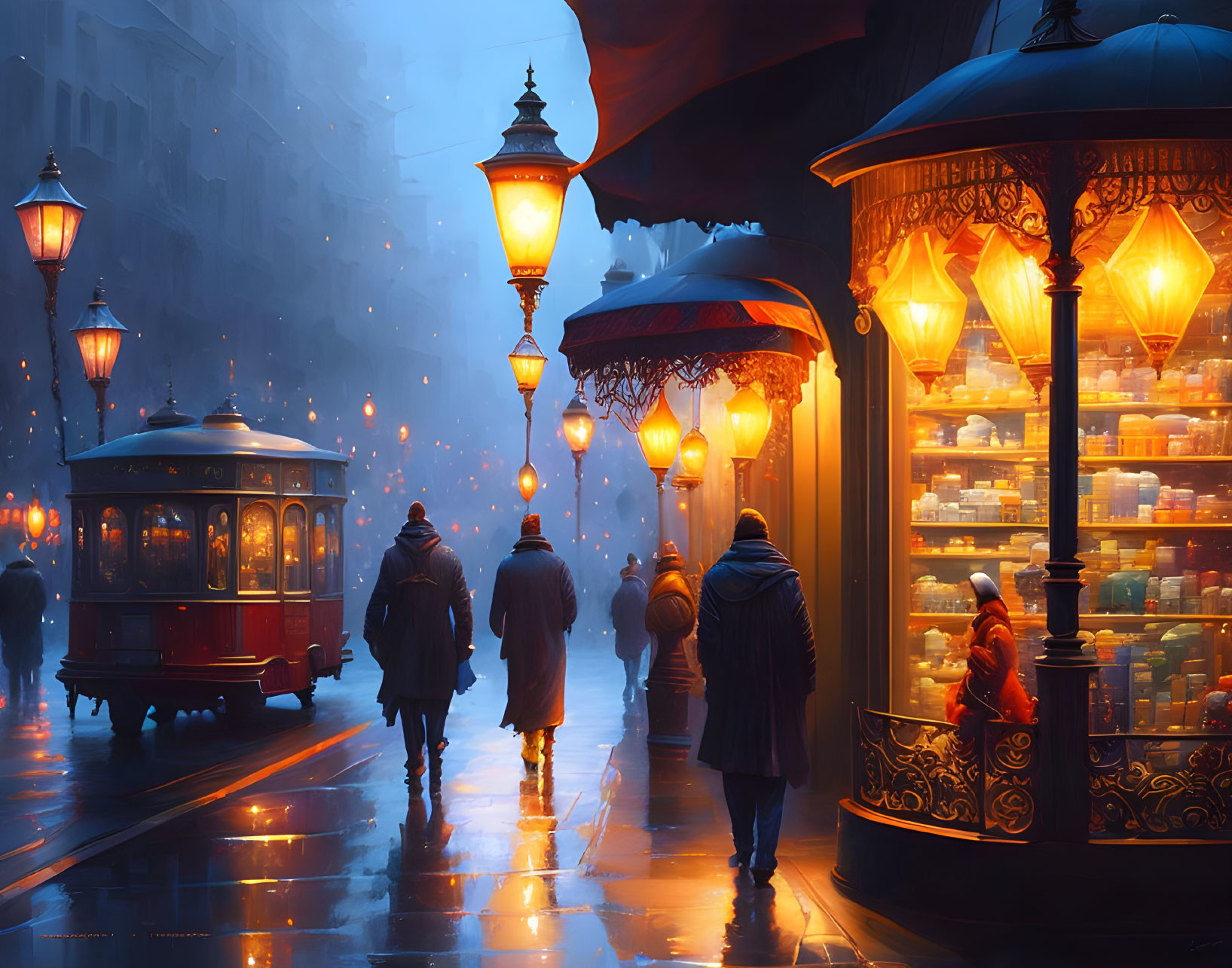 Vintage tram and pedestrians under glowing lamps in rainy street scene