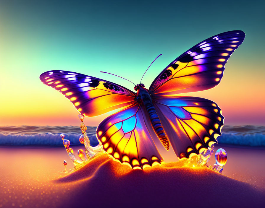 Colorful Butterfly Digital Artwork on Sandy Mound with Sunset Background