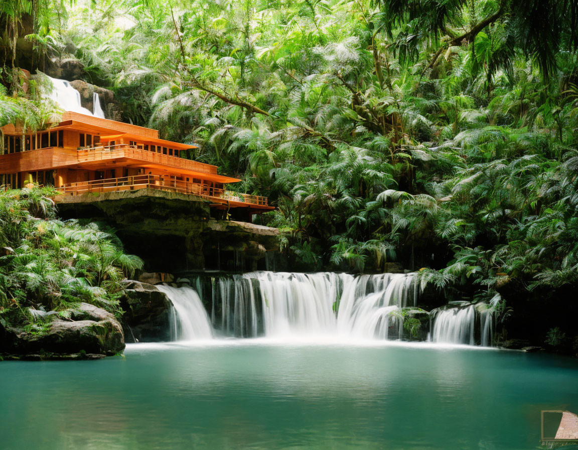 Tranquil waterfall in lush forest with wooden structure