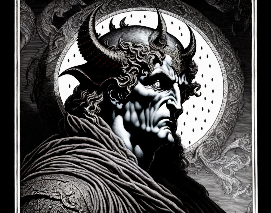Monochromatic stern mythical figure with horns on ornate background.