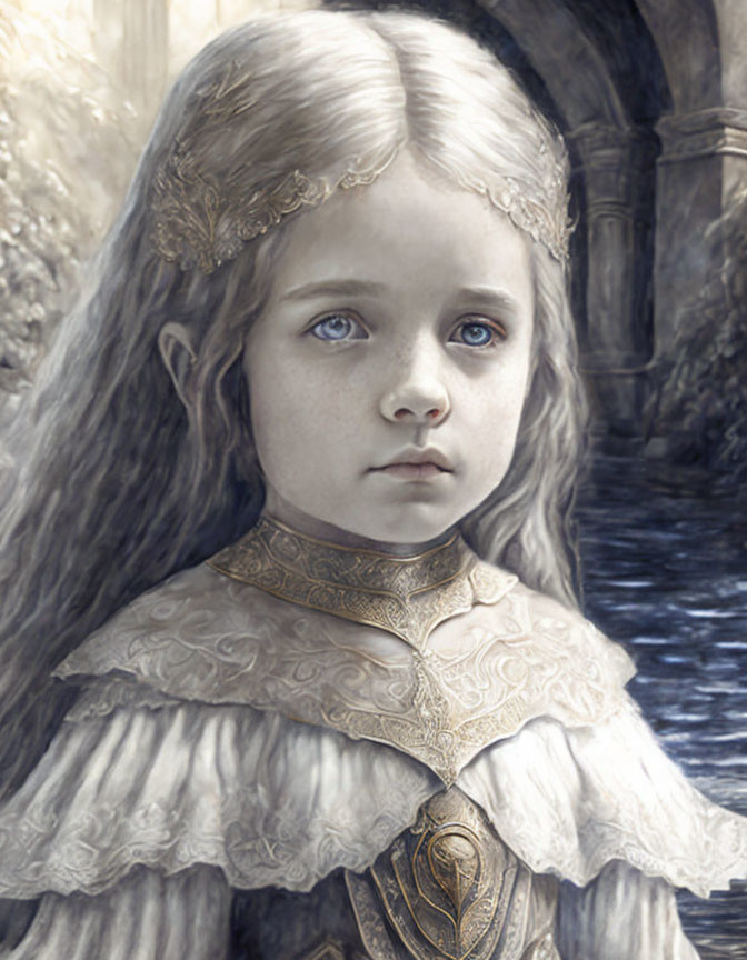 Young girl with blue eyes in regal attire on stone bridge.