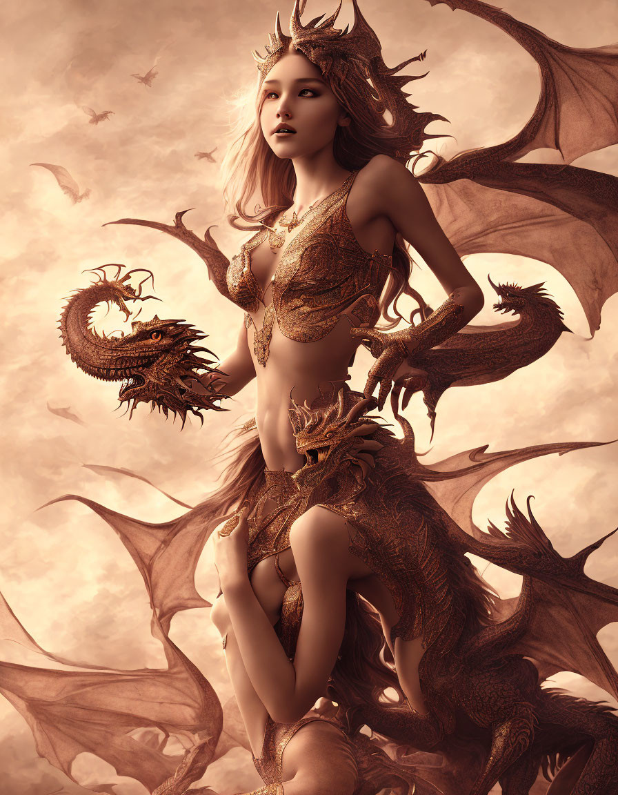 Fantasy image: Woman in dragon-themed armor with flying dragons in sepia tone