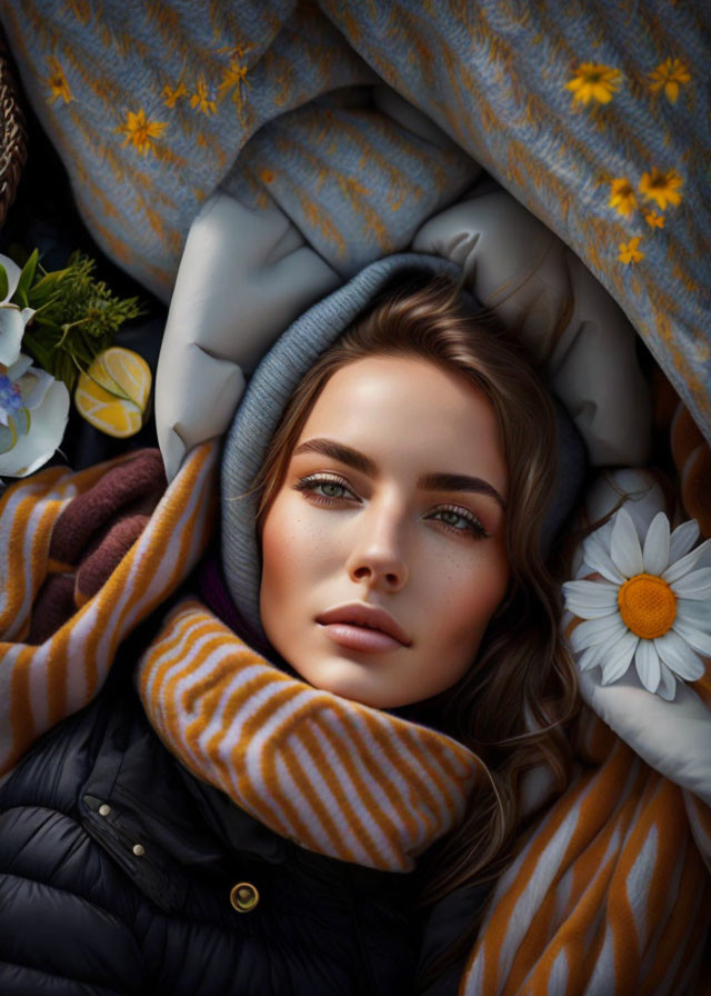 Cozy woman wrapped in warm clothes with daisies in her hair