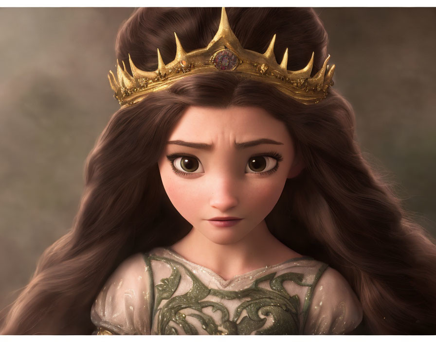 Animated princess with big eyes, gold crown, green dress, and long wavy brown hair