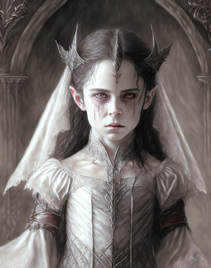 Somber elf with pointed ears and tears streaked with blood.