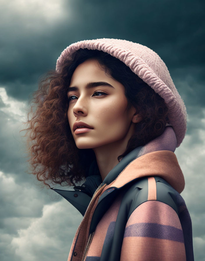 Curly Haired Woman in Hooded Jacket Under Cloudy Sky