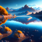 Surreal landscape with mirror-like water, alien vegetation, and cosmic skies