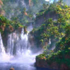 Scenic waterfall surrounded by lush greenery and sunlight beams
