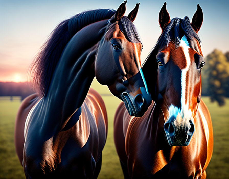 Two Shiny-Coated Horses in Field at Golden Hour
