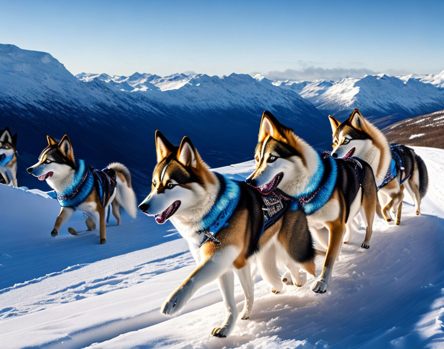 Husky sled dogs with harnesses on snowy mountain landscape