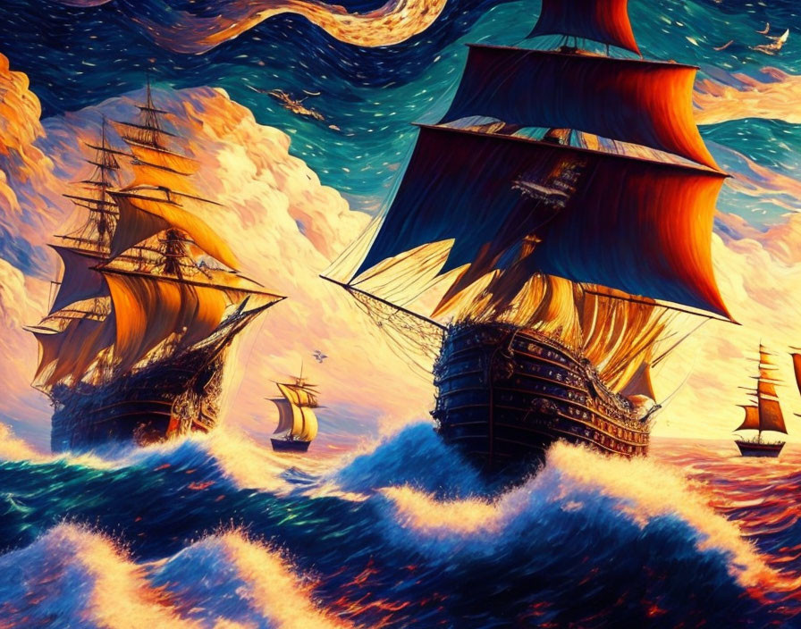 Three majestic sailing ships on tumultuous ocean waves under a vivid orange and blue sky
