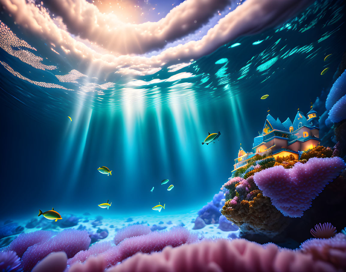 Colorful Coral Reef with Castle, Fish, and Sunbeams