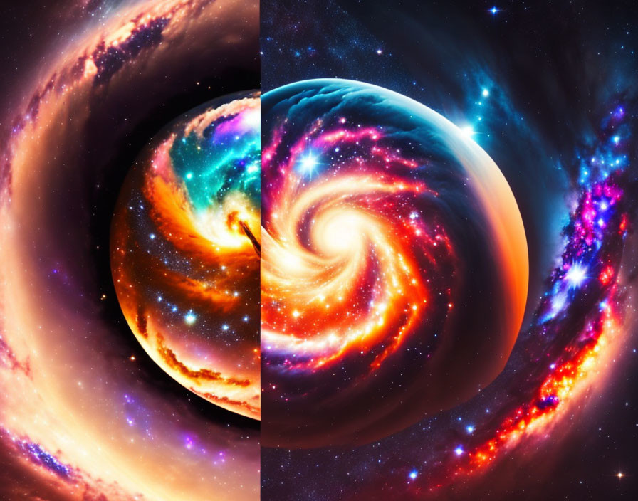 Colorful cosmic scene with galaxies, stars, and vortex.