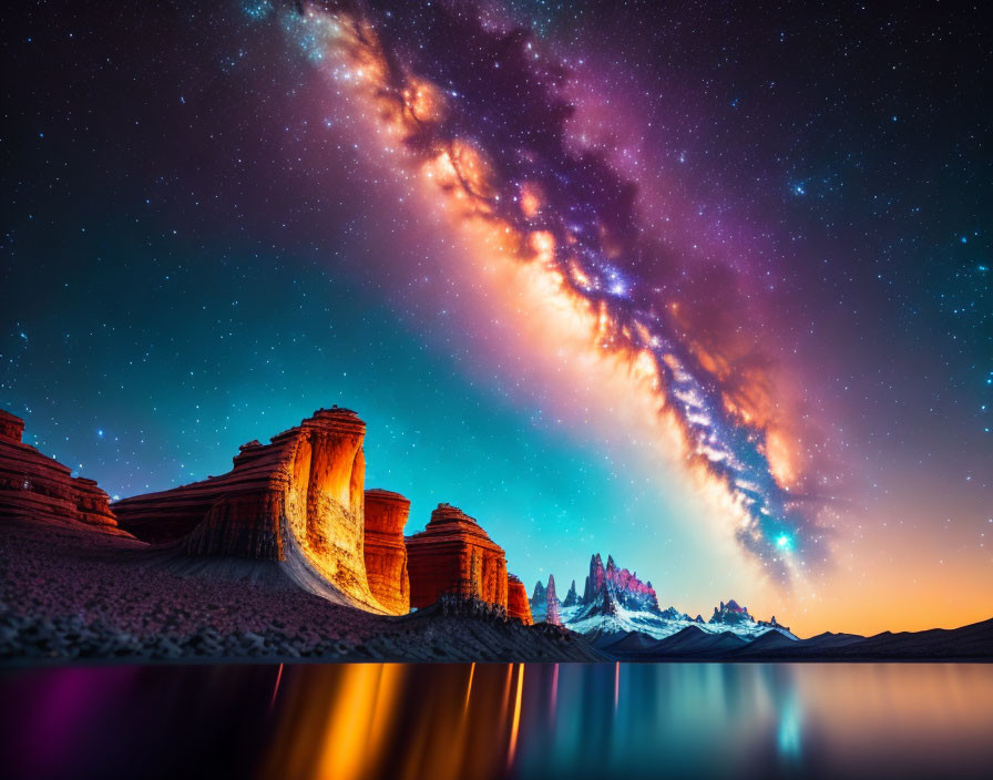 Stunning desert nightscape with vibrant Milky Way and colorful sky reflections