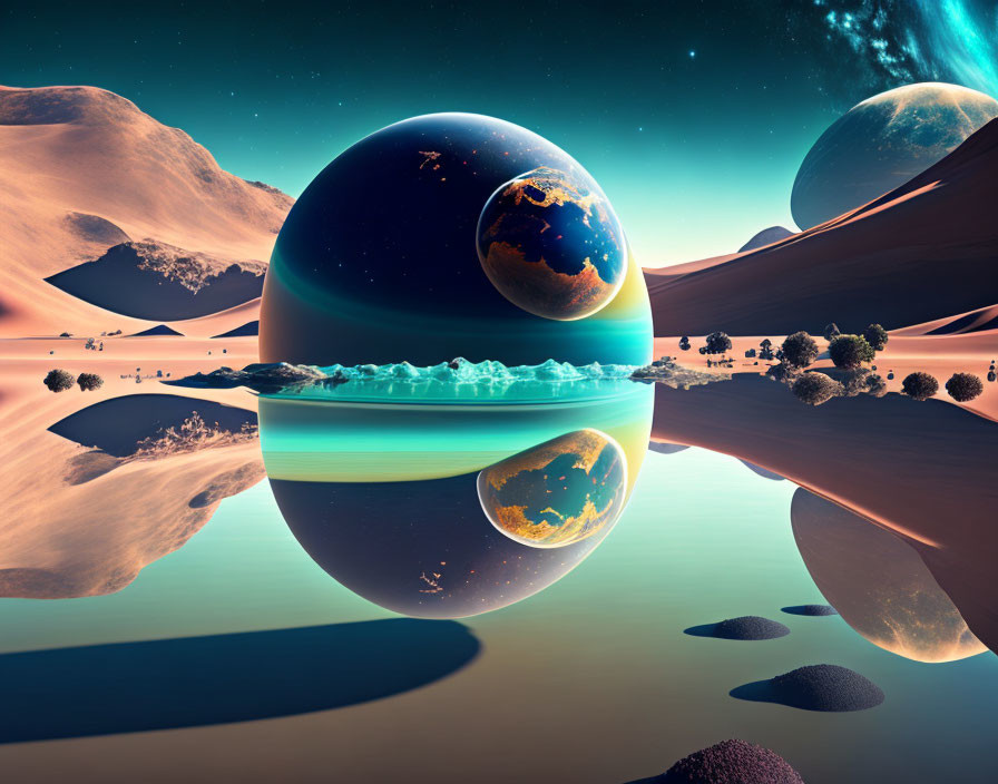 Surreal digital artwork of desert with dunes, water, planets, moons