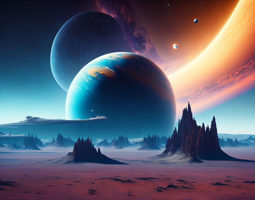Surreal landscape with towering rock formations and alien planets in dusky sky