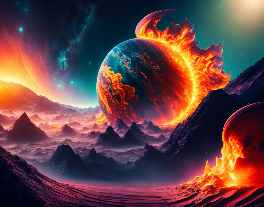 Fiery Planets in Sci-Fi Landscape Under Starry Sky