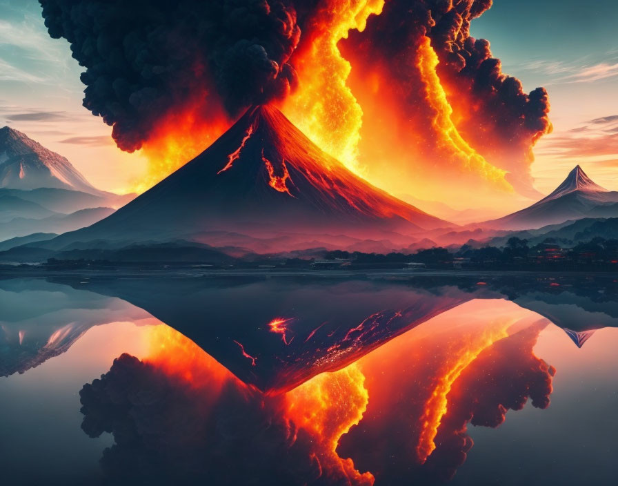 Volcano Eruption with Glowing Lava and Smoke Reflected in Water at Dawn or Dusk