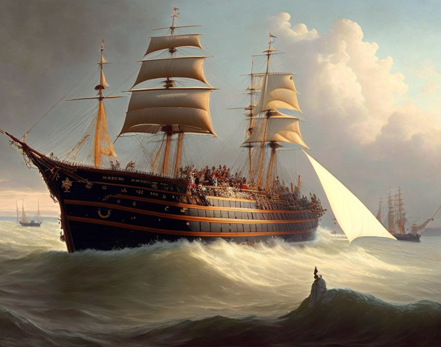 Majestic sailing ship with multiple masts navigating rough seas