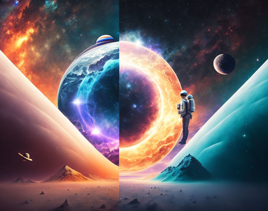 Colorful surreal space scene with astronaut, planets, nebulae & bird