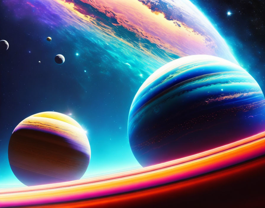 Colorful Space Scene with Earth-like Planet and Nebula