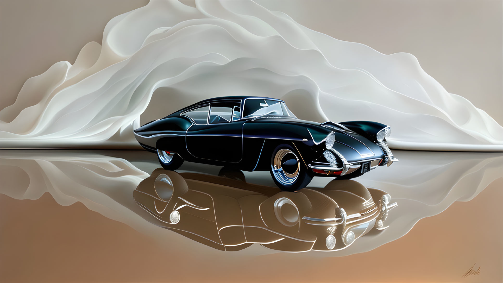 Vintage Black Car with Chrome Details on Stylized White Wave Background