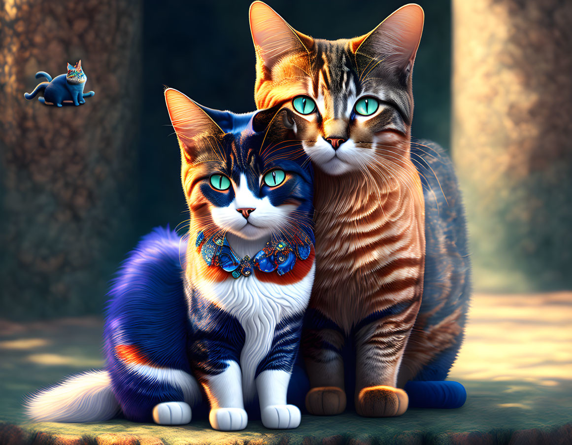 Digitally-rendered cats with blue eyes and ornate collars in vibrant colors