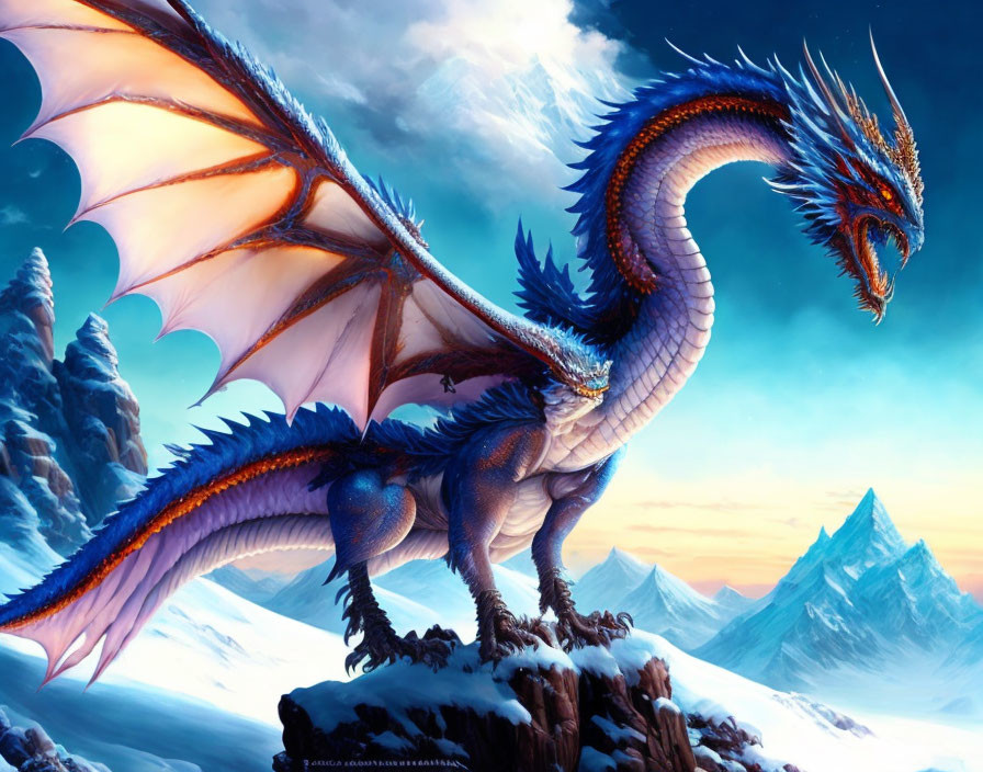 Blue and Orange Dragon on Rocky Outcrop in Snowy Twilight Scene