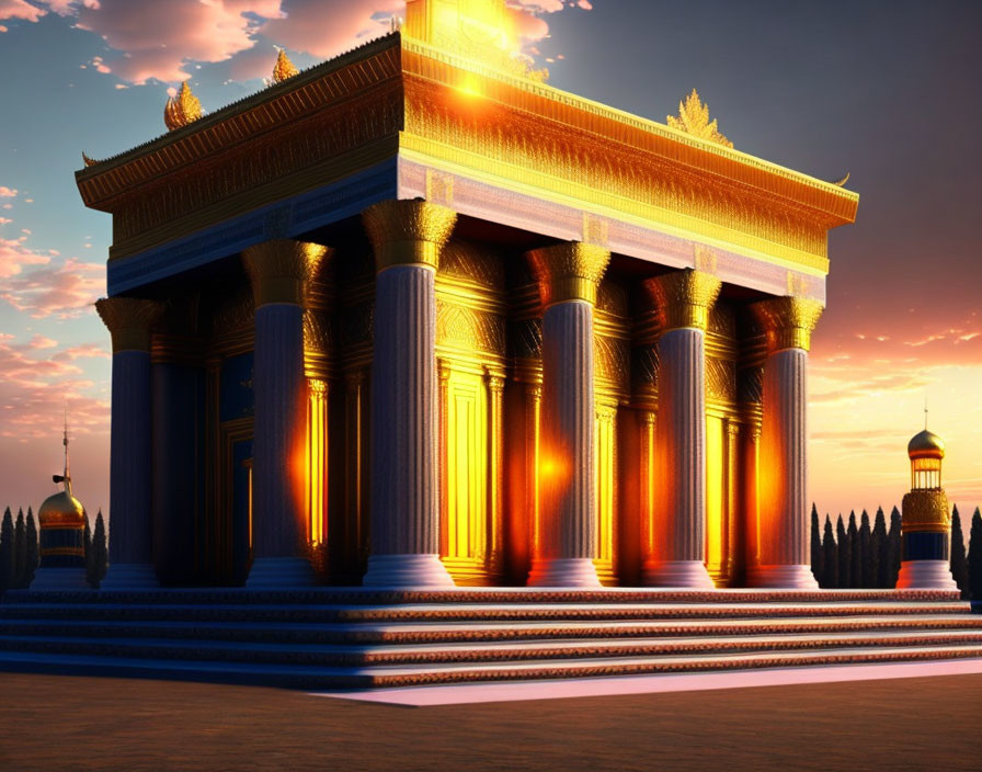 Golden classical building with tall columns at sunset.