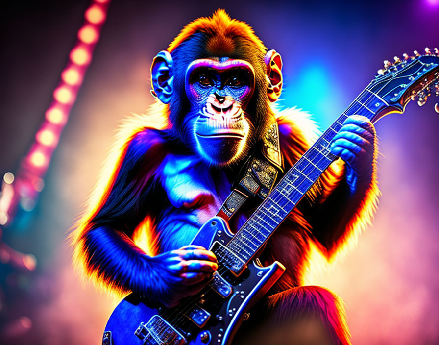 Colorful Stage Lighting Backdrop with Chimpanzee Playing Electric Guitar