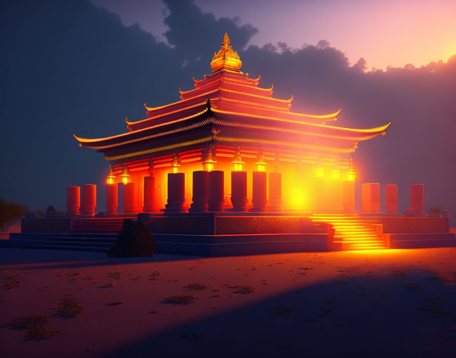 Traditional Asian Temple Illuminated by Red-Orange Light at Twilight