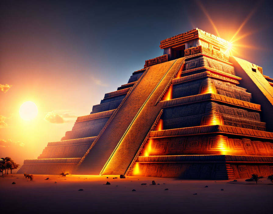 Detailed carvings adorn majestic pyramid at sunset