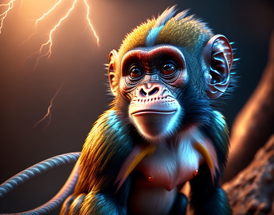 Colorful Monkey Portrait with Blue and Orange Face in Lightning Background