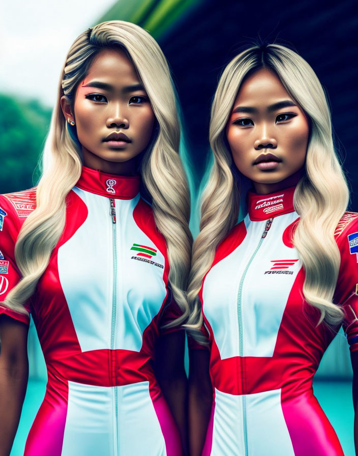 Thai Twins With Blonde Hair In Racing Outfits 