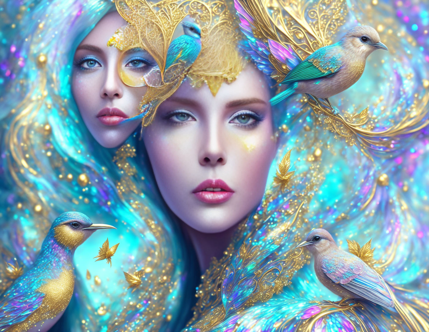 Fantastical portrait of woman with blue hair, gold adornments, colorful birds, glittery backdrop