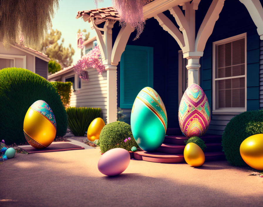 Easter Egg Hunt In Front Of A Riverside House 