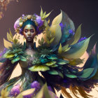 Colorful Woman with Feathers and Flowers in Mystical Image