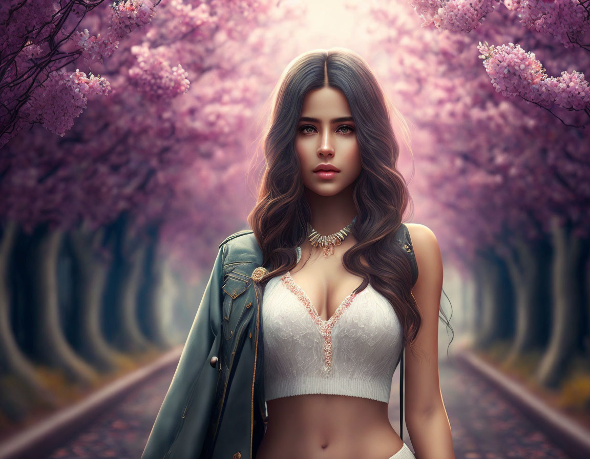 Digital artwork: Woman with long brown hair in white lace top and green jacket on path with pink blo