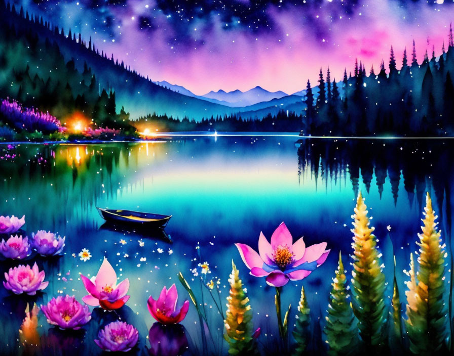 Serene lake watercolor: pink lotus, boat, pine trees, starry sky