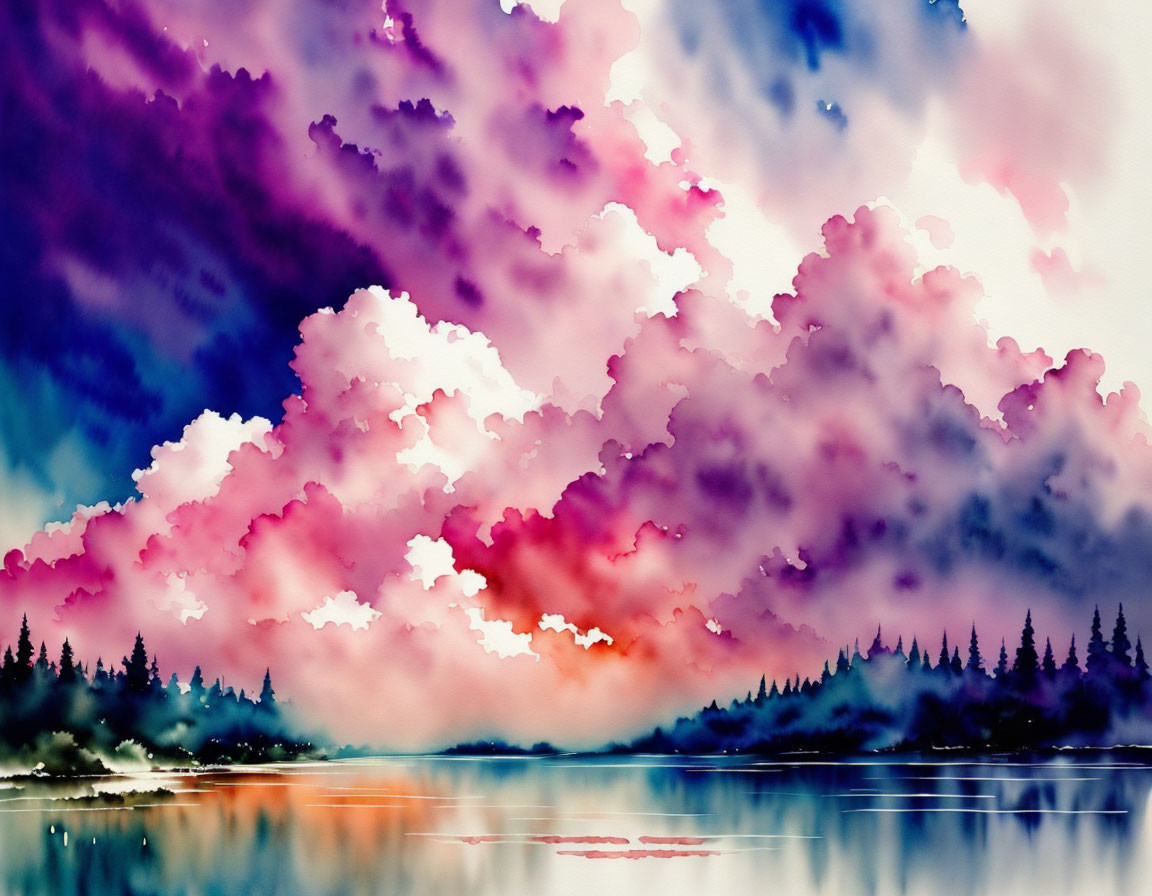 Colorful digital watercolor landscape with pink and purple clouds reflecting in a lake.