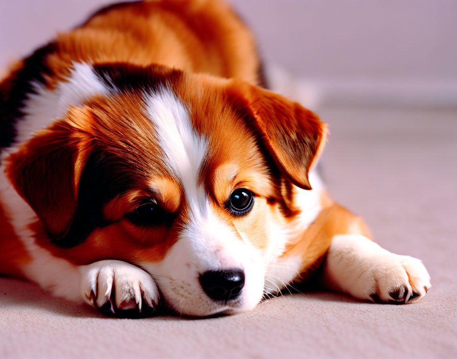 Brown and White Puppy with Blue Eyes in Pensive Pose