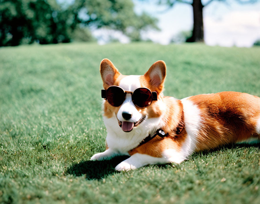 Corgi dog with sunglasses relaxing on grass under sunny sky
