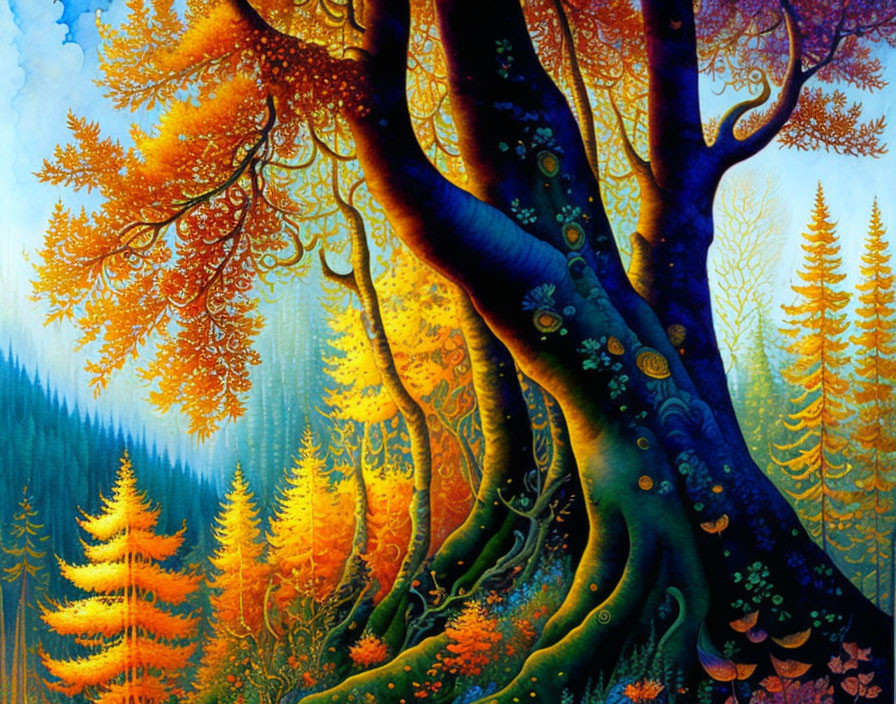 Colorful whimsical forest painting with vibrant blue, orange, and yellow trees