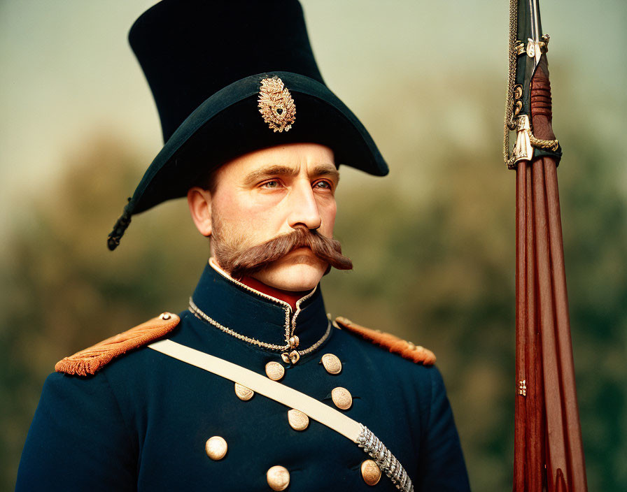 Historical military man in tall hat with rifle against blurred background