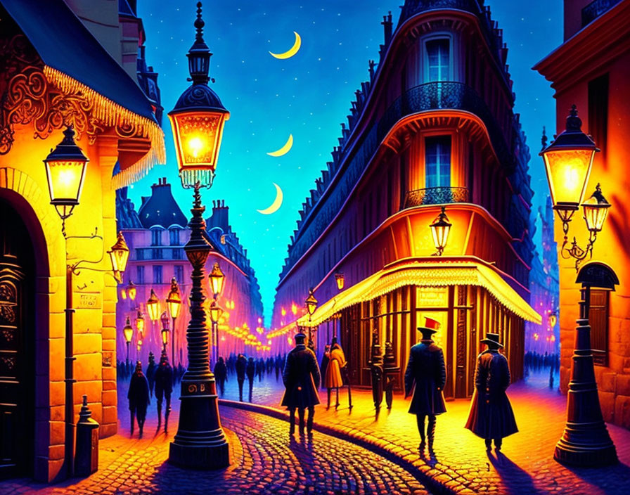Colorful evening street scene with street lamps, pedestrians, and twilight sky