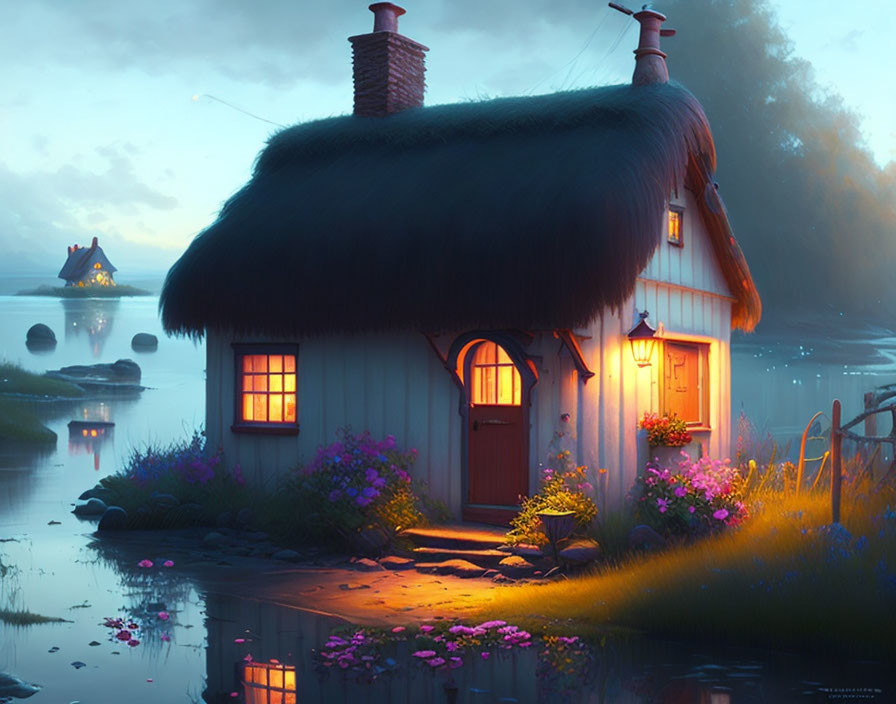 Thatched-Roof Cottage by Tranquil River at Twilight