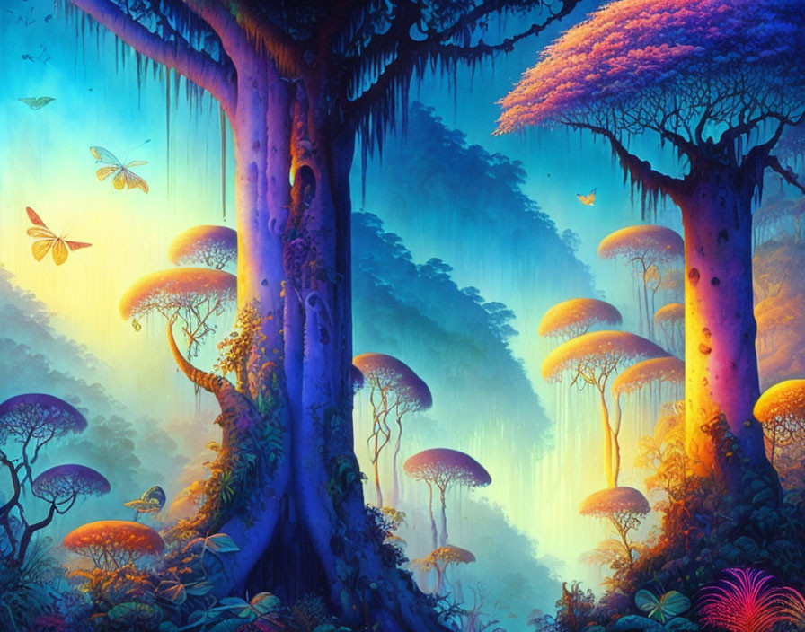 Enchanting forest scene with luminescent mushrooms and butterflies
